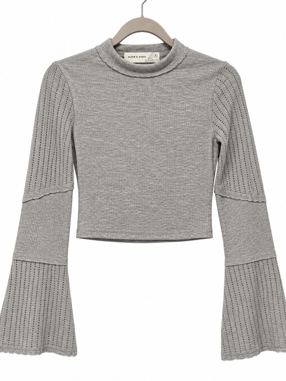 Altar'd State Gray Cropped Mock Neck Bell Sleeve Pointelle Sweater Top S